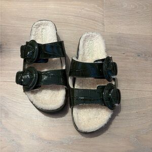 Vince Glyn Shearling-Lined Croc-Embossed Sandal